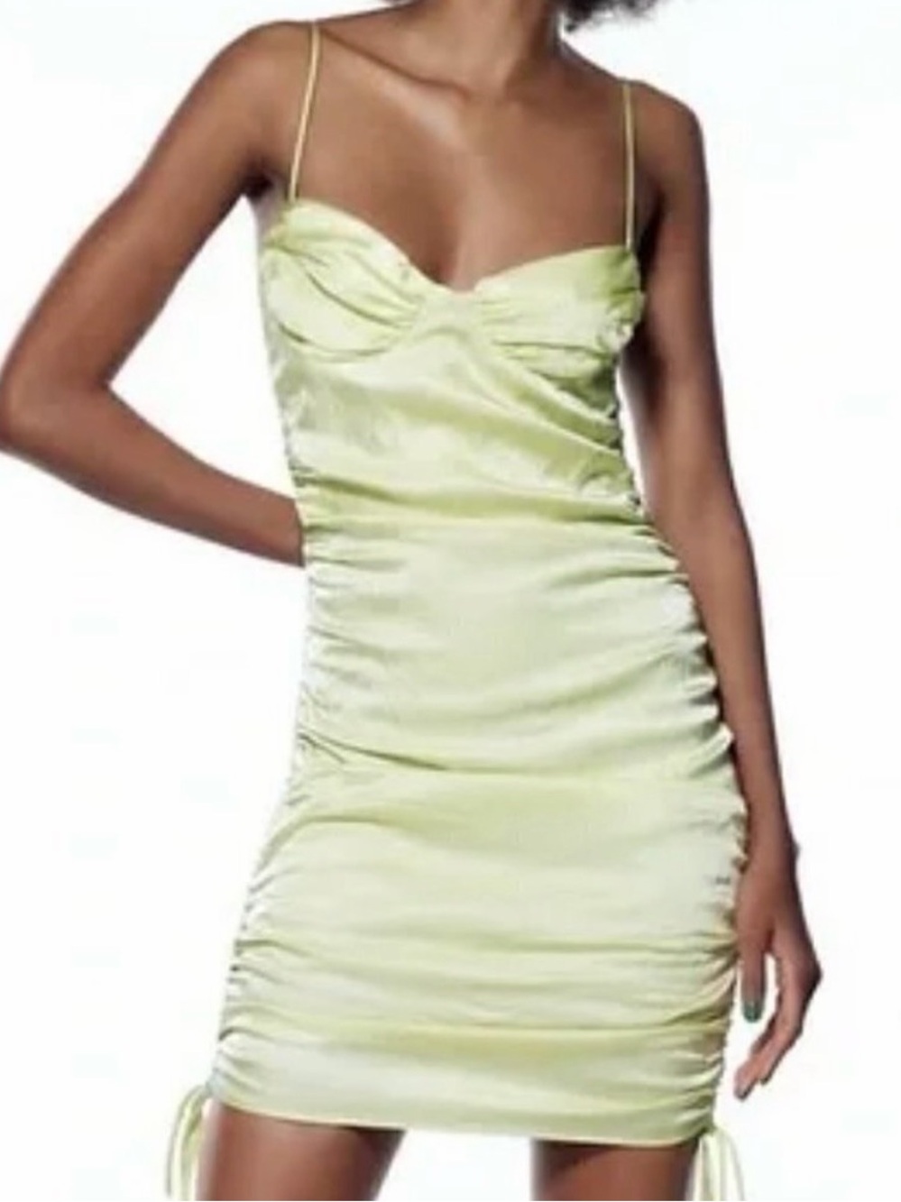 Zara Lime Green Satin Ruched Spaghetti-Strap Mini Dress